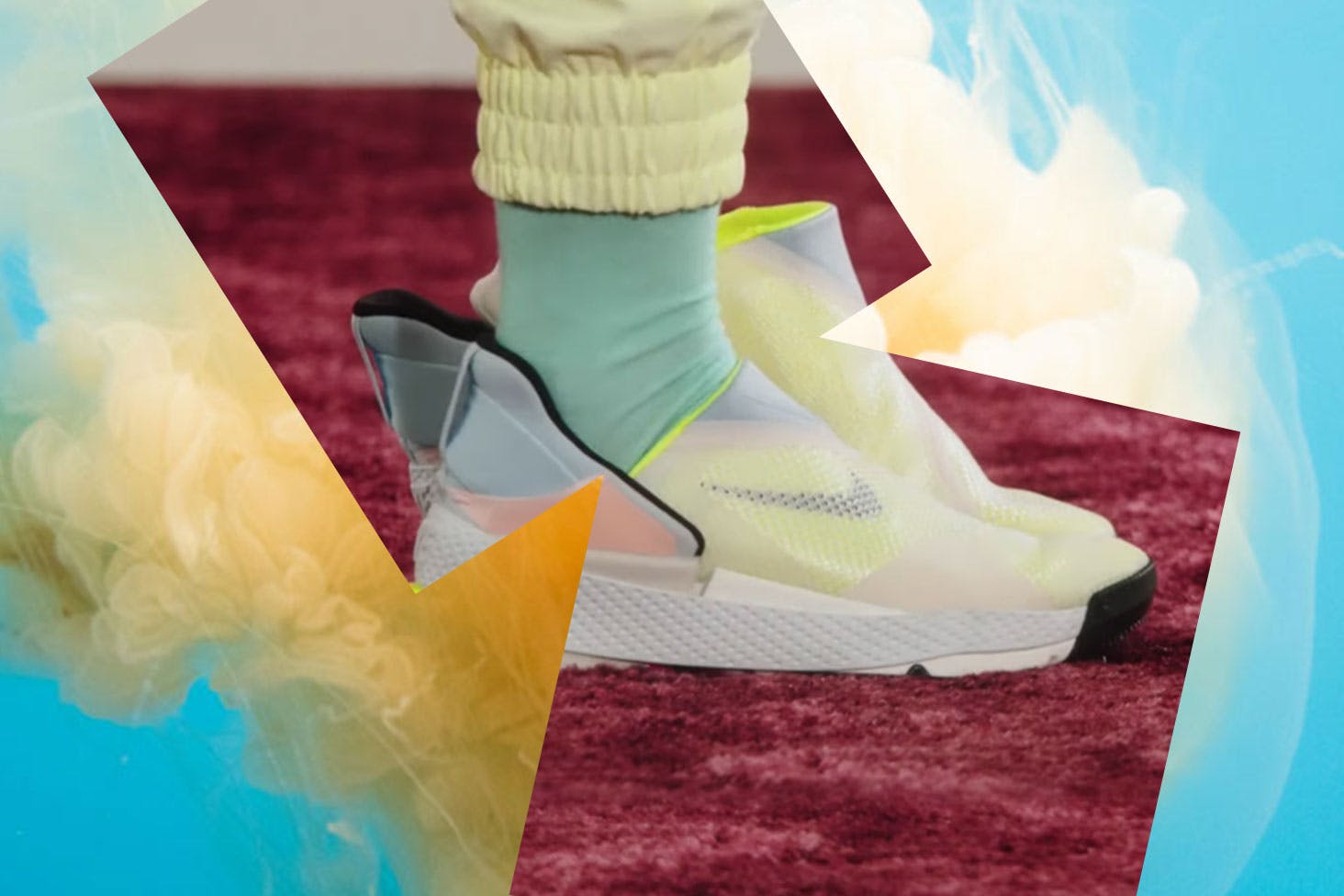 A collage showing the Nike Go FlyEase adaptive sneaker on a blue and yellow background.